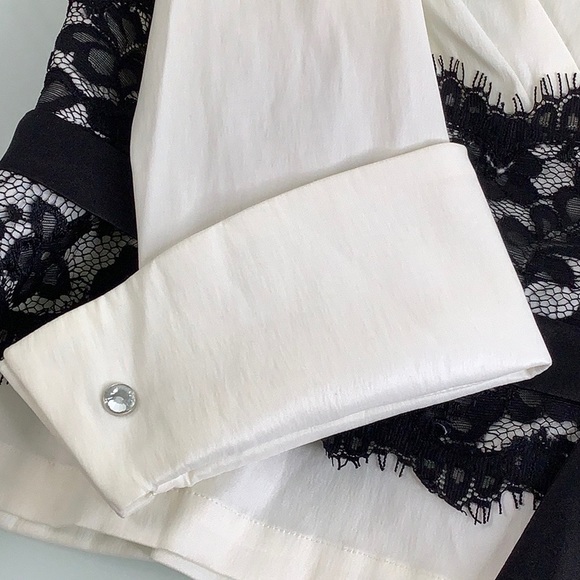 Tadashi Black & White lace trim v-neck 3/4 sleeve Evening blouse SZ 10 EUC - Picture 8 of 13